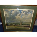 A large Print of ploughing with horses in wide flat landscape and huge cloudy sky with windmill and