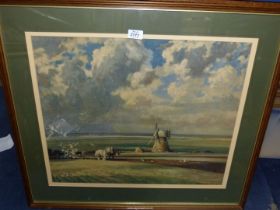 A large Print of ploughing with horses in wide flat landscape and huge cloudy sky with windmill and