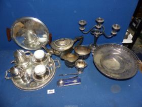 A quantity of plated items including three piece tea set, tea for two with china lined cups,