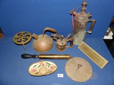 A quantity of Brass items including kettle, sundial, sprayer, etc.