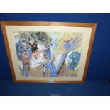 A modern framed and mounted Watercolour depicting a figures holding its hand aloft,