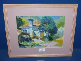 A framed and mounted Ann Ryves Oil painting of a house and garden scene, signed lower left,