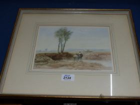 A David Cox Lithograph depicting a rider and horses crossing a stream, 16 3/4" x 14".
