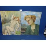 Two unframed Oils on board; one of a Portrait of a lady in a green dress initialed lower left H.C.