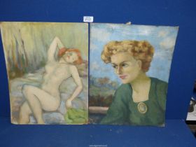 Two unframed Oils on board; one of a Portrait of a lady in a green dress initialed lower left H.C.