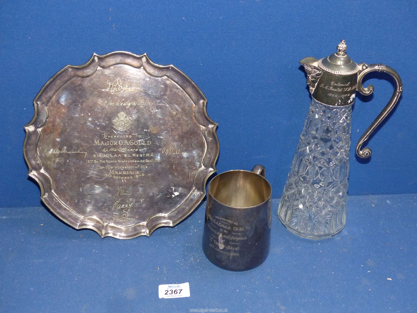 A silver plated tray, tankard, claret jug for G.A. Gould in various ranks including Colonel. - Image 5 of 5