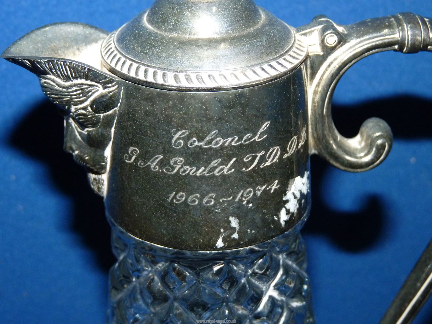 A silver plated tray, tankard, claret jug for G.A. Gould in various ranks including Colonel. - Image 4 of 5