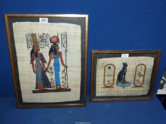 Two paintings on Papyrus paper; Nefertari & Hathor and an Egyptian Cat.