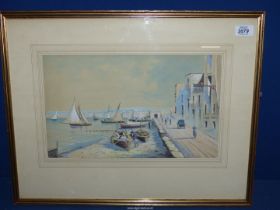 A framed and mounted Watercolour depicting a harbour scene, indistinctly signed lower left 'F.