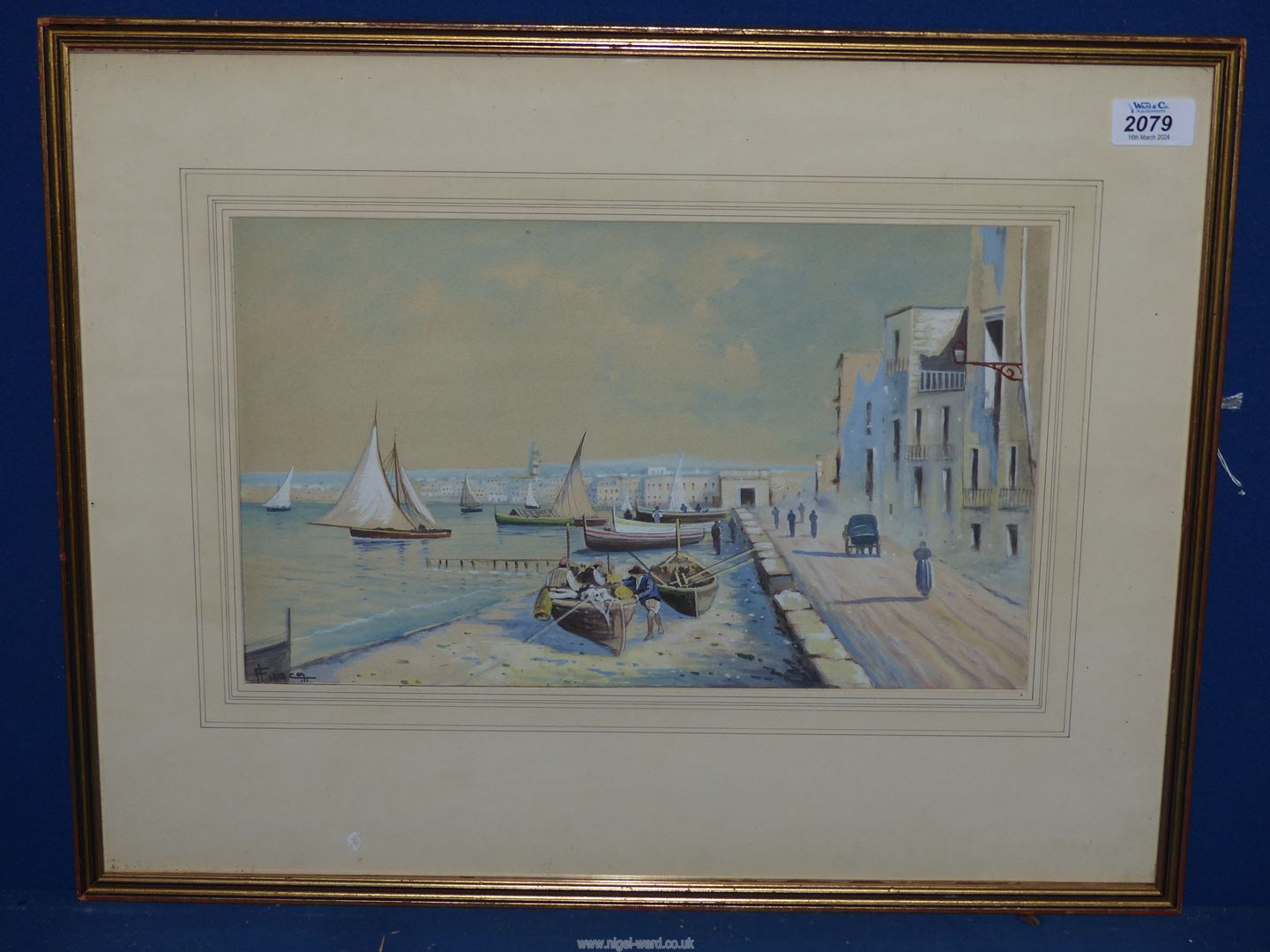 A framed and mounted Watercolour depicting a harbour scene, indistinctly signed lower left 'F. - Image 2 of 3