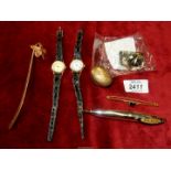 A rolled gold bar brooch with purple stone, two Jemis wristwatches, pair of earrings,