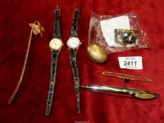 A rolled gold bar brooch with purple stone, two Jemis wristwatches, pair of earrings,