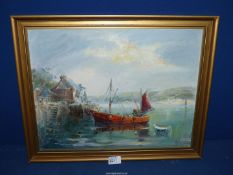 An Agnes Hawkins Oil on board depicting a fishing boat in a harbour, 20 1/4" x 16 1/2".
