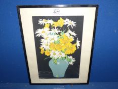 A framed Woodcut Print of Daisies in a blue jar, signed P A M, 11 1/4" x 14 3/4".