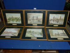 A set of six framed and mounted Dennis Flanders prints of London scenes to include Trafalgar Square,