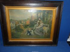 A large wooden framed lithograph depicting a couple sat on a wooden bench with a young child and