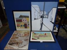 Four paintings of streets and buildings.