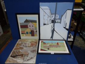 Four paintings of streets and buildings.