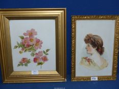 Two original Oils on glass; one of a female bust and the other of roses.