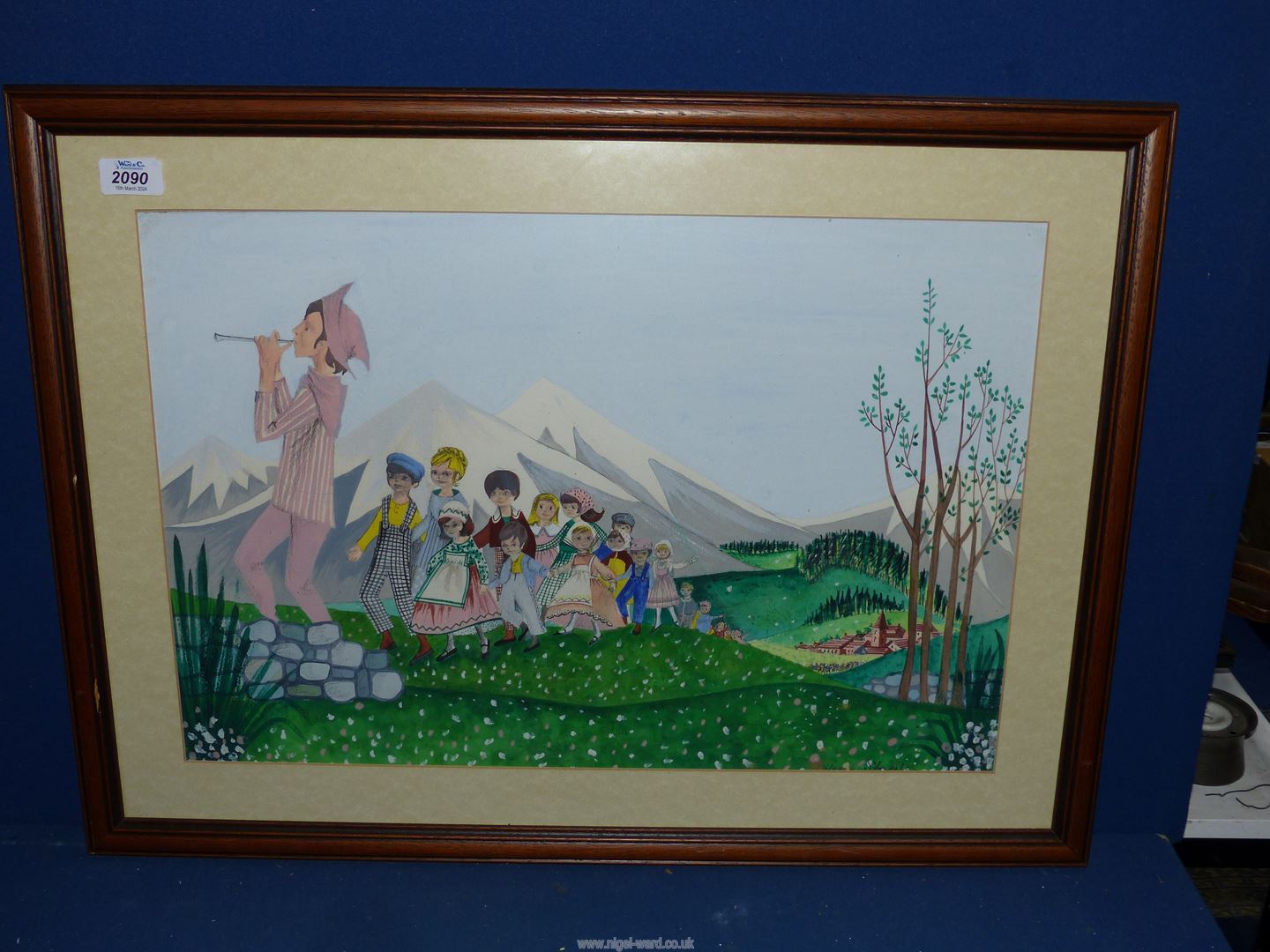 A large framed and mounted Watercolour of The Pied Piper of Hamelin leading the children away from