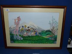 A large framed and mounted Watercolour of The Pied Piper of Hamelin leading the children away from