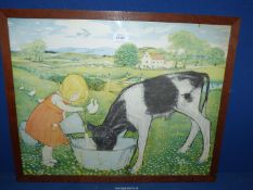A wooden framed Print 'Feeding the Calf' by Muriel Dawson, 23 3/4" x 19".