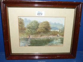 A framed and mounted Watercolour of a lady stepping over stones, no visible signature, 14" x 11".