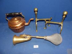 A pair of brass Fire Dogs, copper Kettle and vintage brass Car Horn (working).