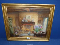 A framed Oil on canvas depicting an interior scene with a cat sat by a roaring fire,