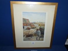 A framed and mounted Watercolour depicting a farm yard scene with a farmer carrying a fork and a