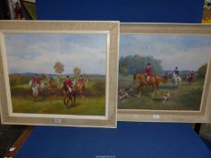 A pair of large modern Oils on canvas depicting hunting scenes, indistinctly signed lower right.