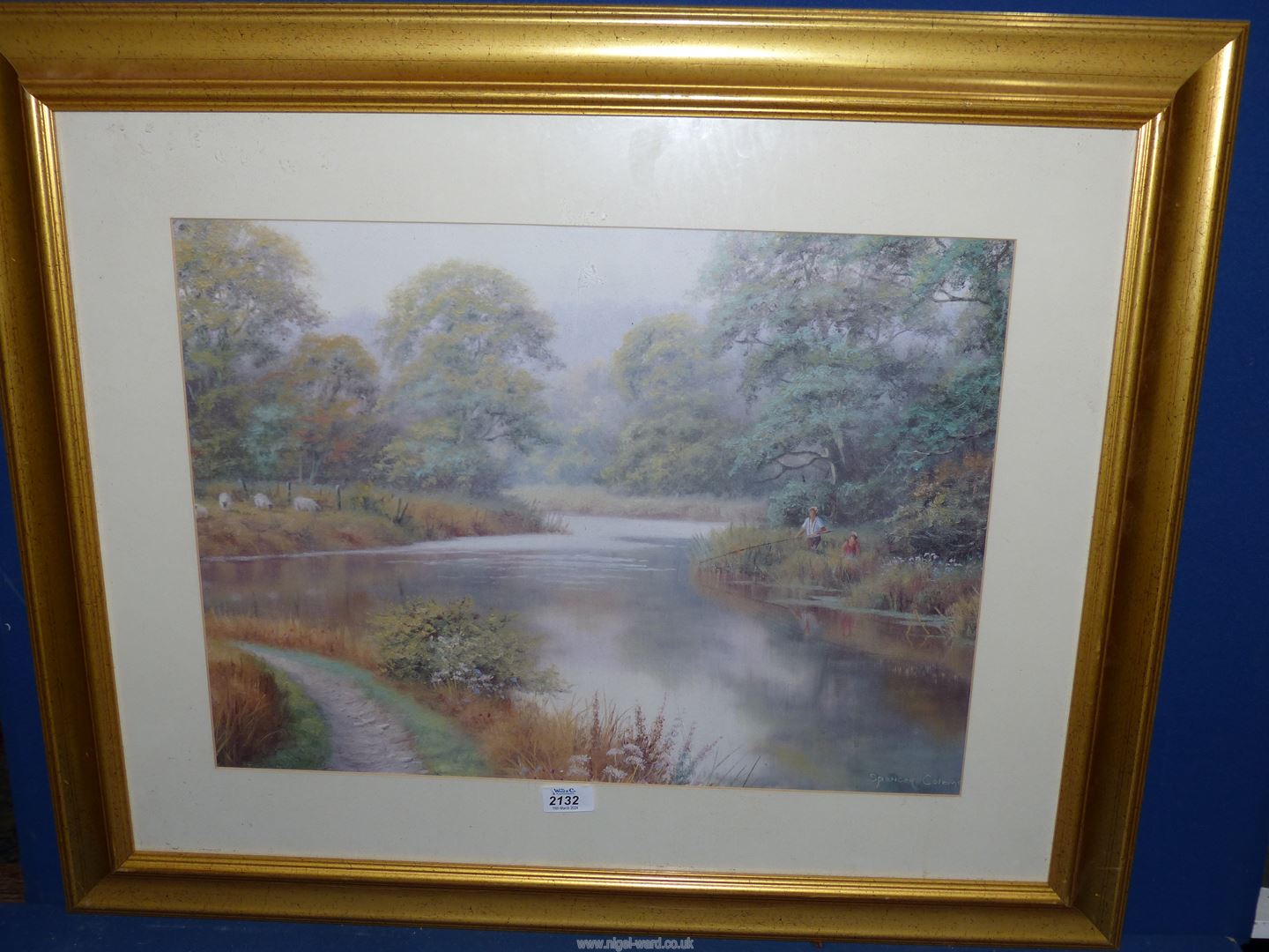 A large gilt framed Print by Spencer Coleman depicting fishermen by a river. - Image 2 of 3