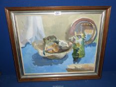 A Meredith Ramsbottom Oil on canvas depicting a Still Life, initialed 'M.