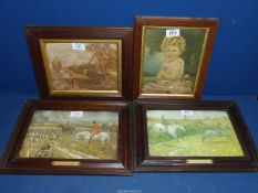 A small wooden framed Constable print, two framed hunting prints and a print of a young girl.