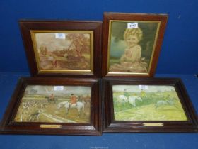 A small wooden framed Constable print, two framed hunting prints and a print of a young girl.