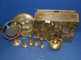A brass magazine rack, small candlesticks, a gong, teapot, etc.
