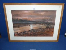 A Nigel Cameron framed Watercolour and Charcoal picture depicting a moonlit river scene,