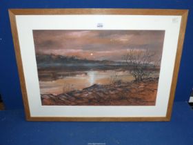 A Nigel Cameron framed Watercolour and Charcoal picture depicting a moonlit river scene,