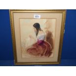 A framed and mounted Watercolour**?? with highlighting of a lady sewing by C. Forster 1866.
