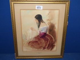 A framed and mounted Watercolour**?? with highlighting of a lady sewing by C. Forster 1866.