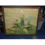 A large framed Print titled 'Happy Days' depicting children on a hill flying kites by Eugene Iverd,