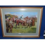 A large framed and mounted A.J. Munnings Print depicting a day at the Races, 30" x 23 3/4".