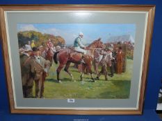 A large framed and mounted A.J. Munnings Print depicting a day at the Races, 30" x 23 3/4".