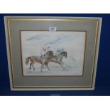 A framed and mounted Watercolour of two Jockeys in racing colours cantering,