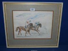 A framed and mounted Watercolour of two Jockeys in racing colours cantering,
