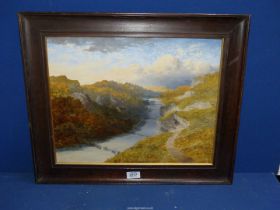 A wooden framed Oil on board depicting a river winding its way through steep grassy cliffs