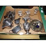 A box of plated items including claret jug, candelabra, tea set, etc.