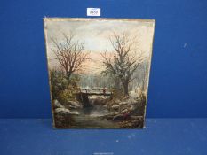 An unframed 19th century Oil painting on canvas, lined, of a winter scene in the snow,