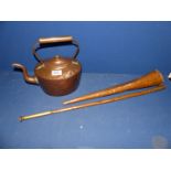 A brass hunting horn (a/f.) marked 'George & Dragon Inn' January 1853 and a copper kettle.