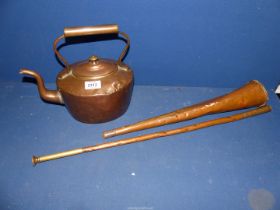 A brass hunting horn (a/f.) marked 'George & Dragon Inn' January 1853 and a copper kettle.